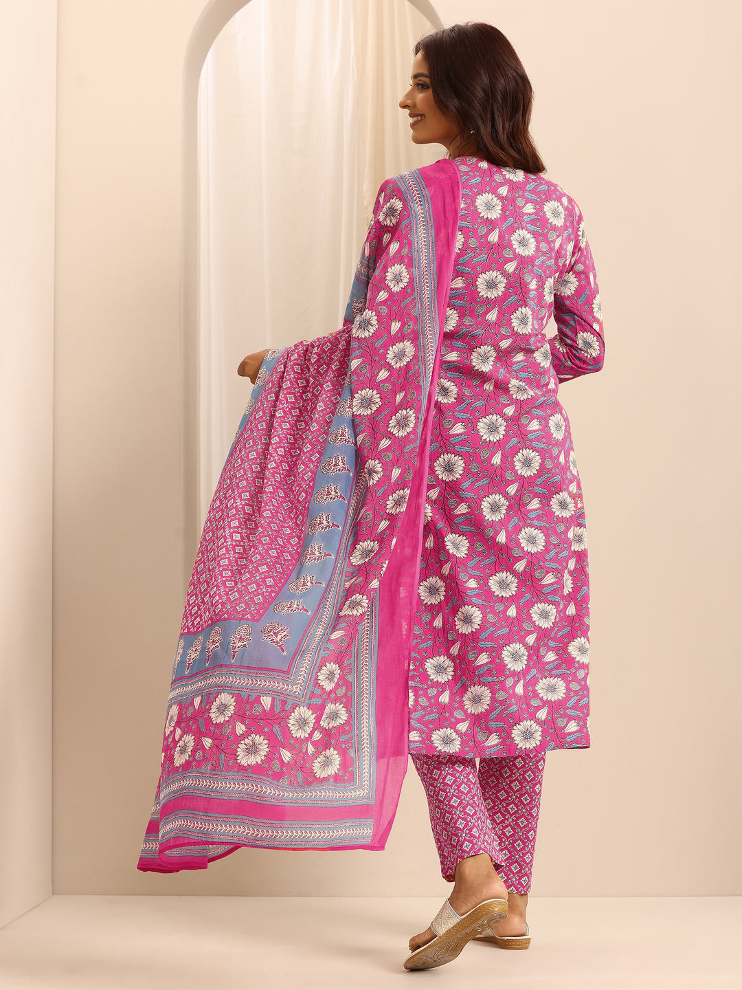 Pink Printed Cotton Blend Straight Suit Set With Dupatta