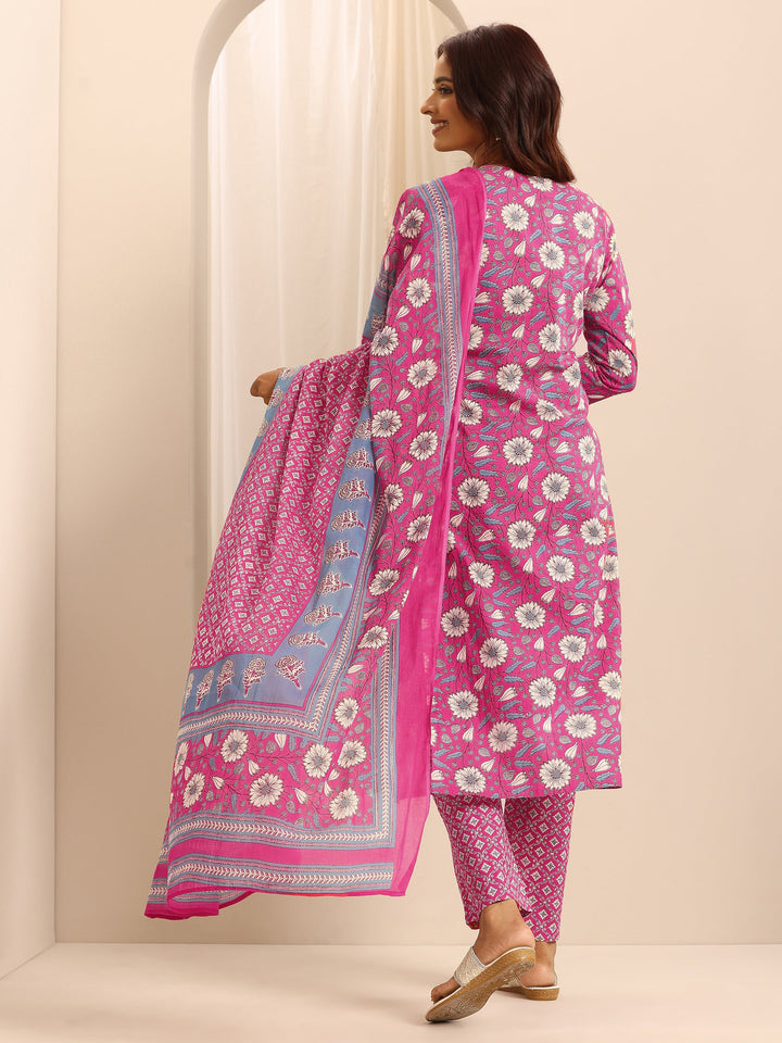 Pink Printed Cotton Blend Straight Suit Set With Dupatta