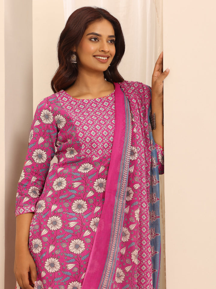 Pink Printed Cotton Blend Straight Suit Set With Dupatta