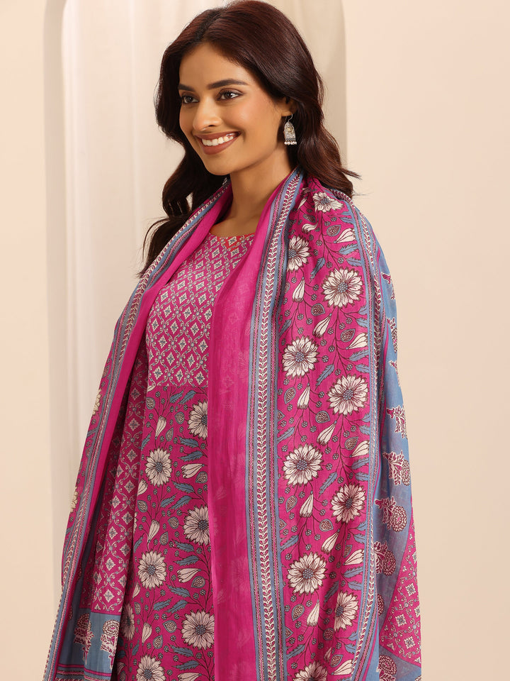 Pink Printed Cotton Blend Straight Suit Set With Dupatta
