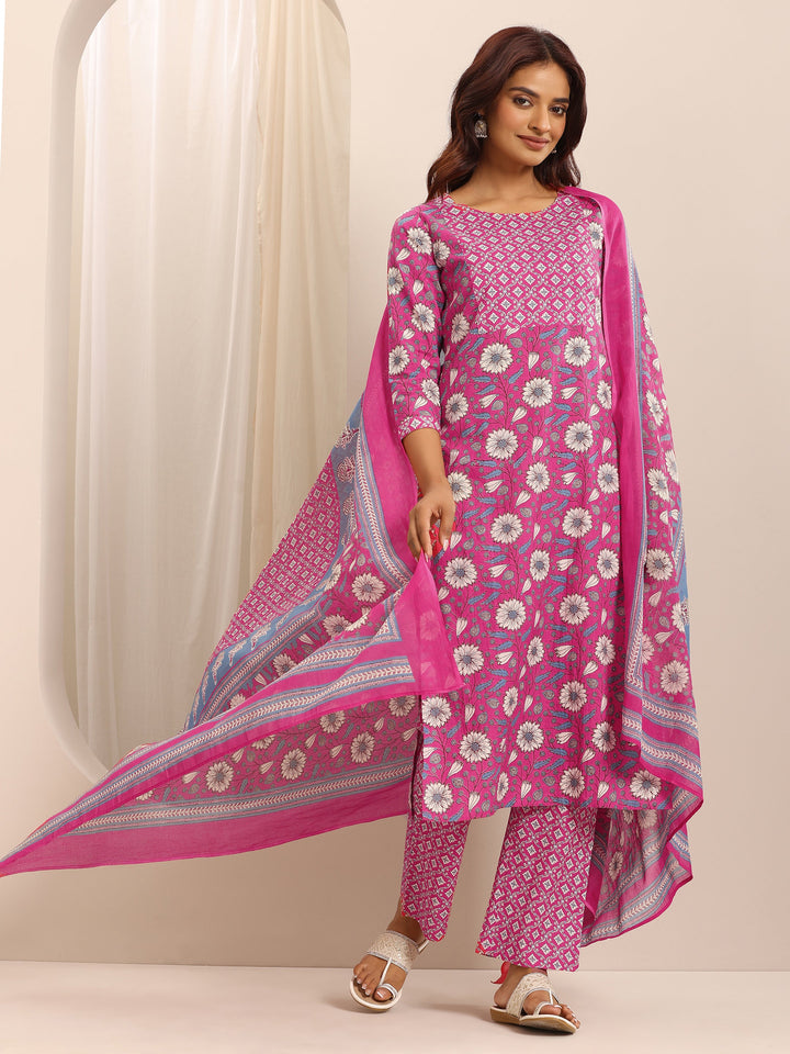 Pink Printed Cotton Blend Straight Suit Set With Dupatta