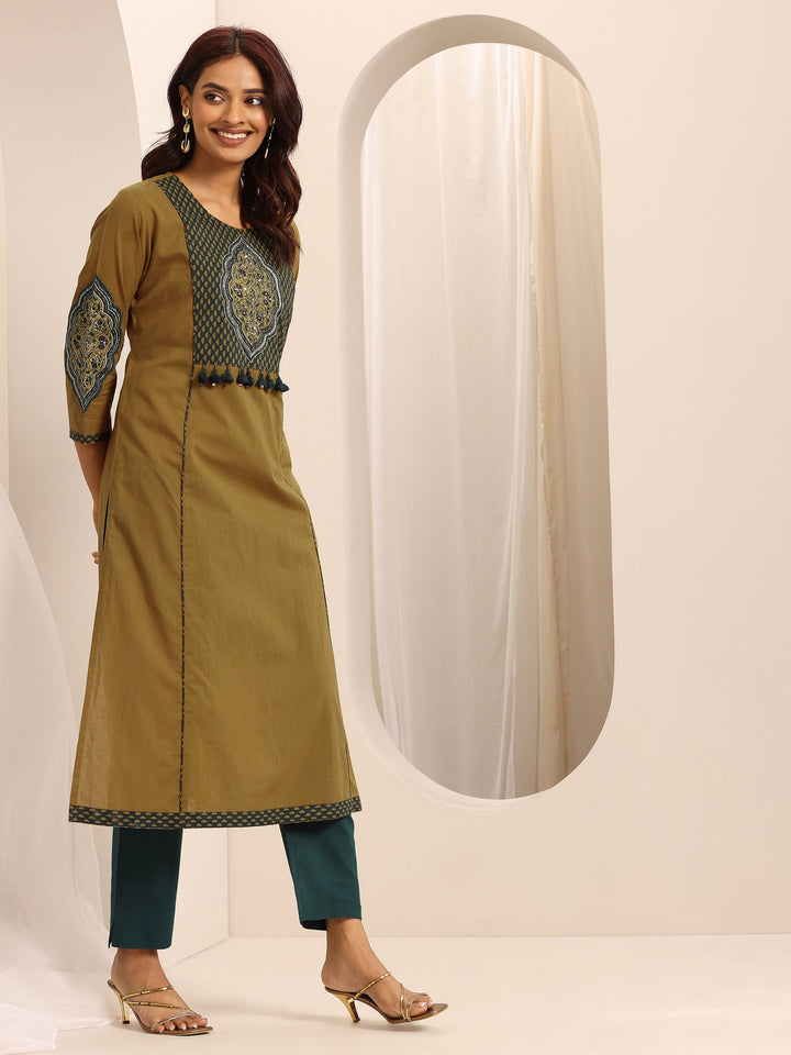 Yellow Printed Cotton Blend Straight Suit Set With Dupatta