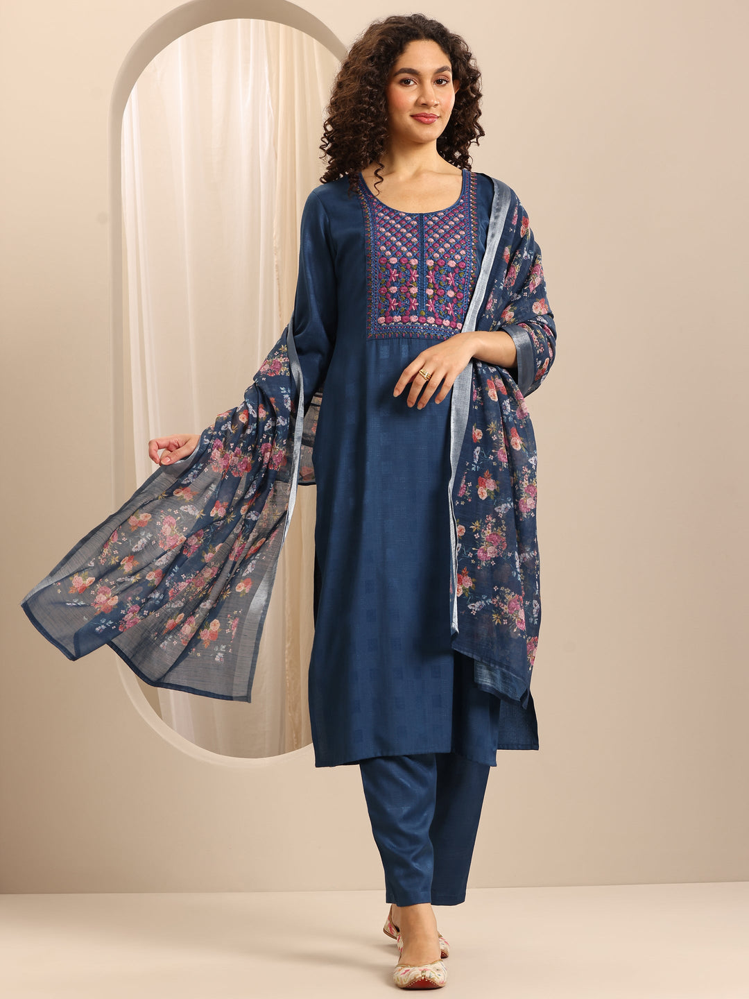 Dark Blue Woven Cotton Blend Straight Suit Set With Dupatta