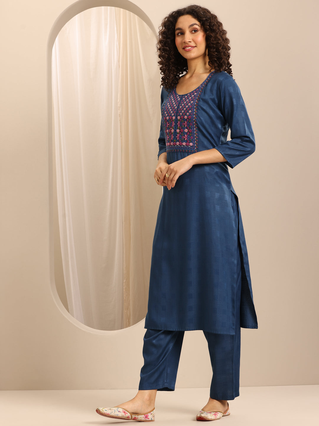 Dark Blue Woven Cotton Blend Straight Suit Set With Dupatta