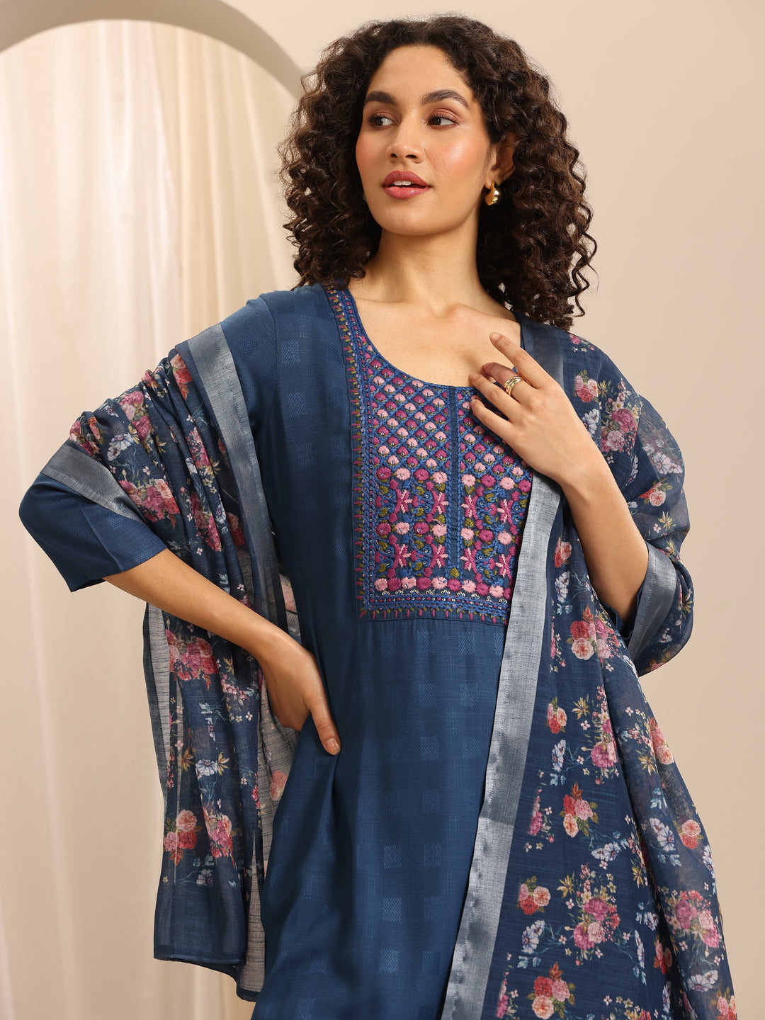 Dark Blue Woven Cotton Blend Straight Suit Set With Dupatta