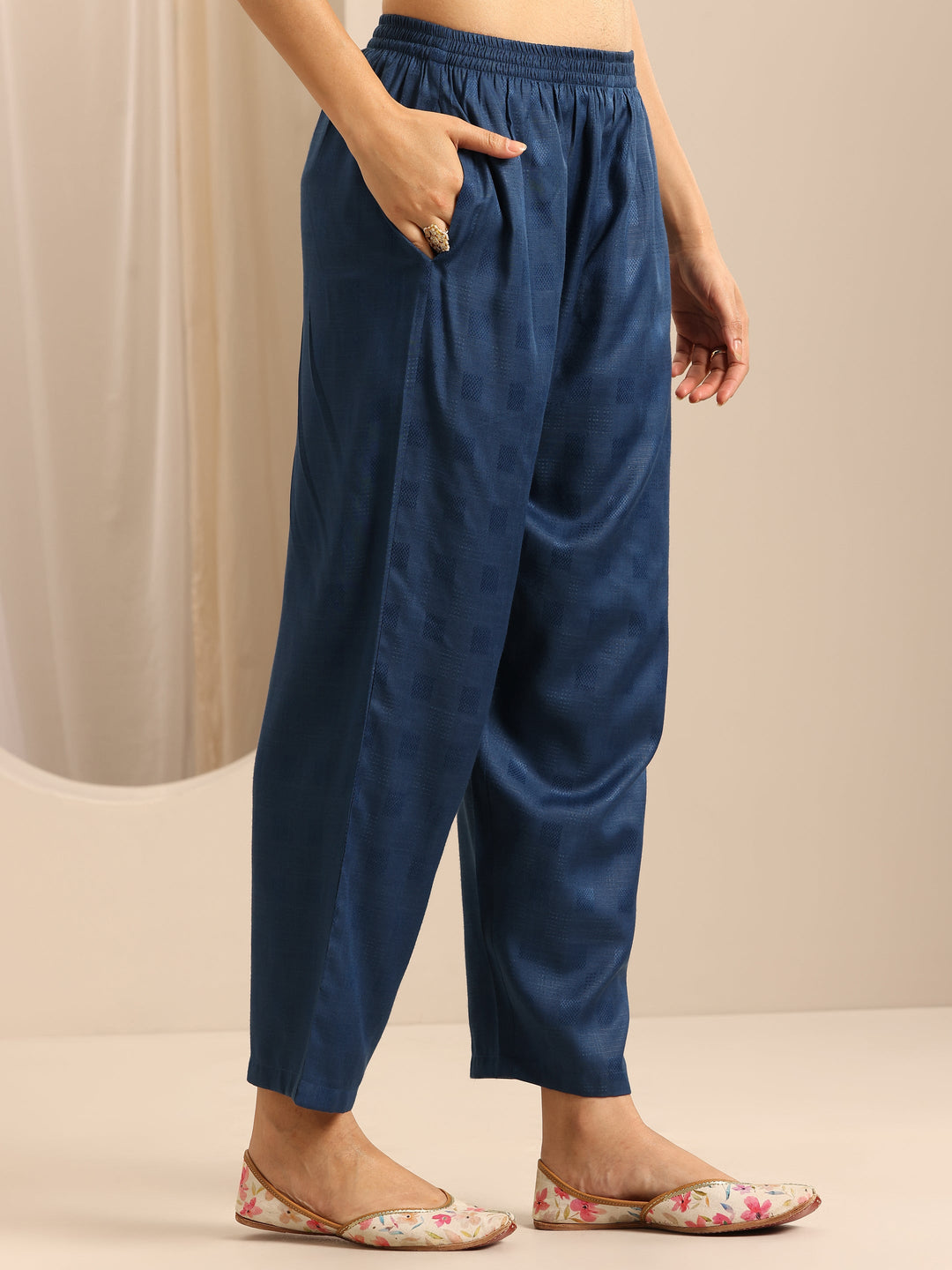 Dark Blue Woven Cotton Blend Straight Suit Set With Dupatta