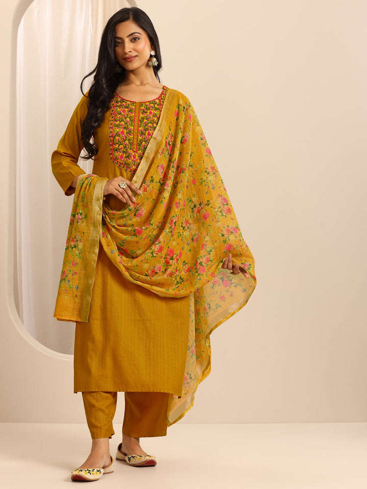 Yellow Woven Cotton Blend Straight Suit Set With Dupatta