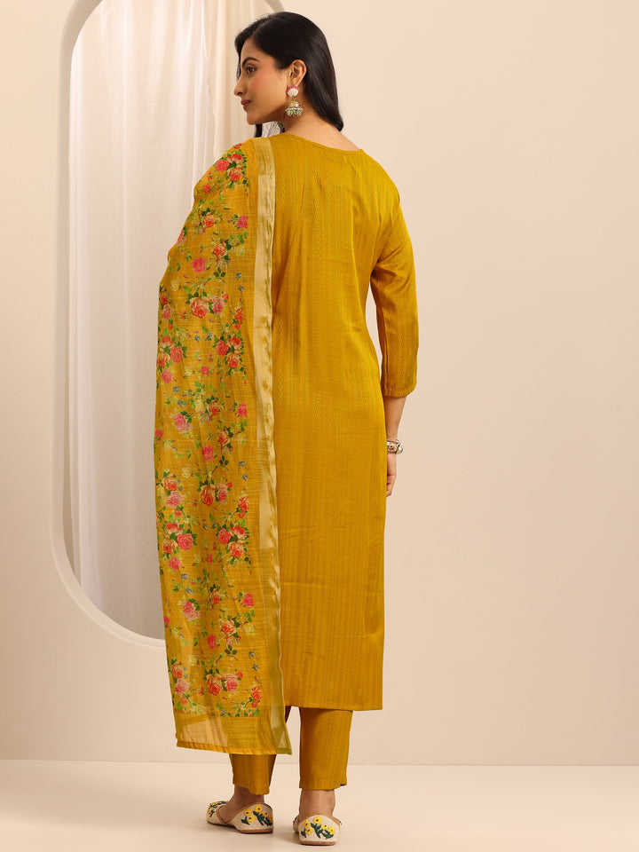 Yellow Woven Cotton Blend Straight Suit Set With Dupatta