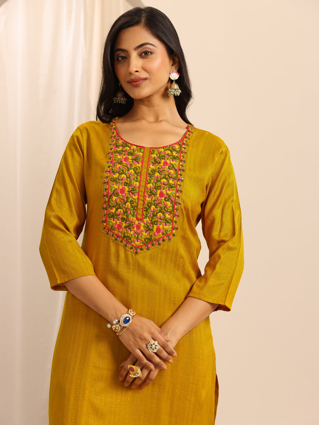 Yellow Woven Cotton Blend Straight Suit Set With Dupatta