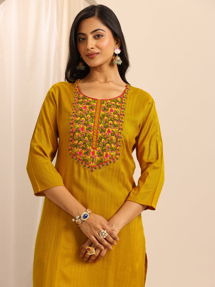 Yellow Woven Cotton Blend Straight Suit Set With Dupatta