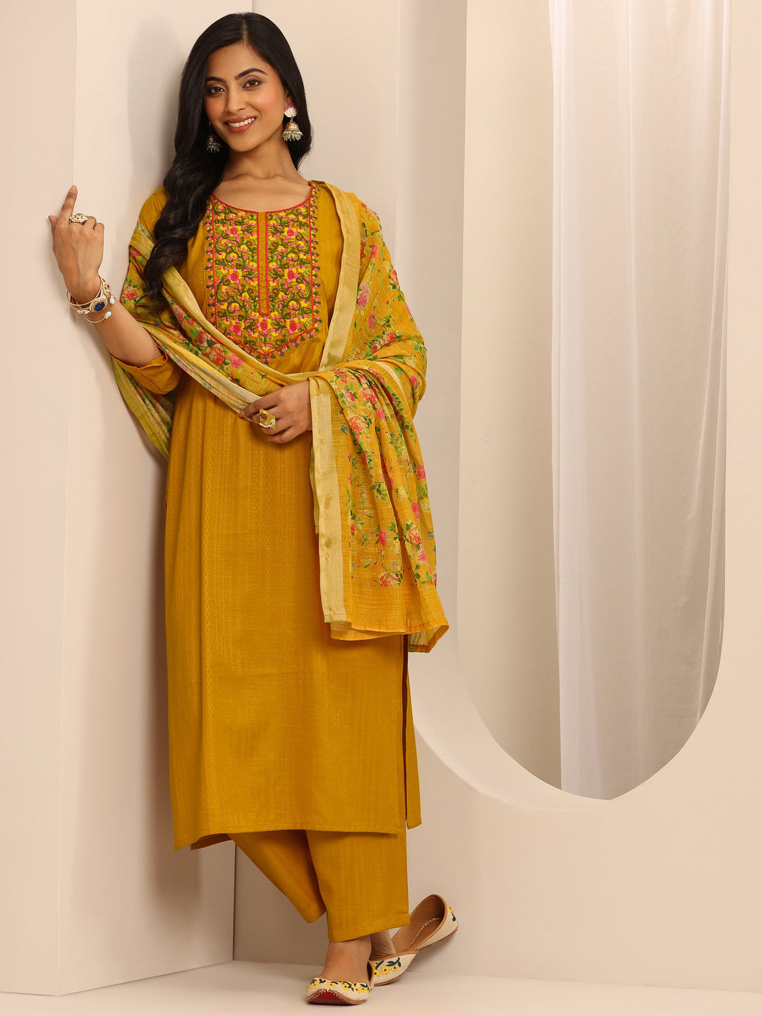 Yellow Woven Cotton Blend Straight Suit Set With Dupatta