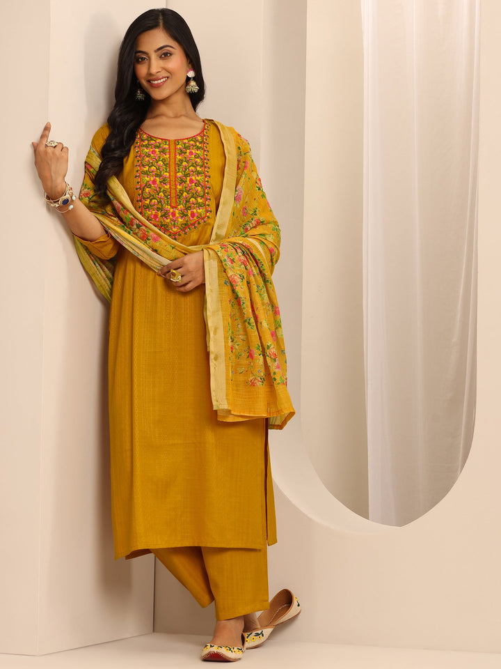 Yellow Woven Cotton Blend Straight Suit Set With Dupatta