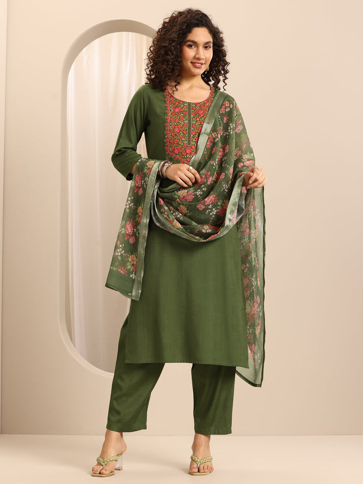 Green Woven Cotton Blend Straight Suit Set With Dupatta