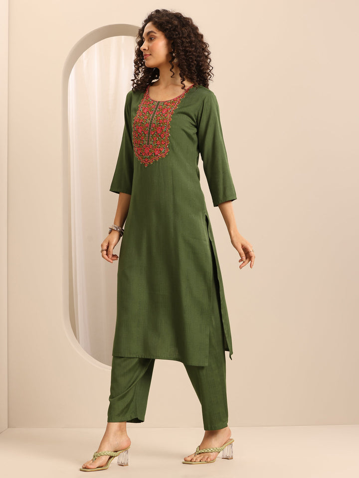 Green Woven Cotton Blend Straight Suit Set With Dupatta