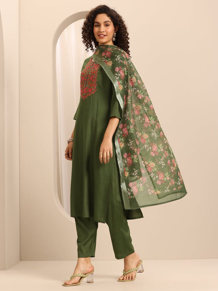 Green Woven Cotton Blend Straight Suit Set With Dupatta