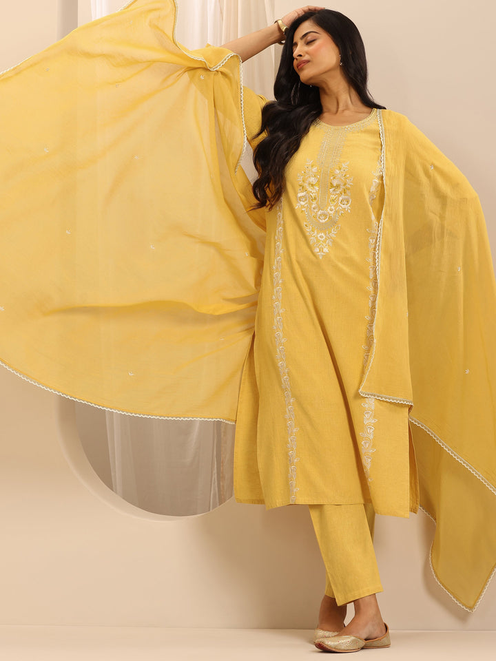 Yellow Embroidered Cotton Blend Straight Suit Set With Dupatta