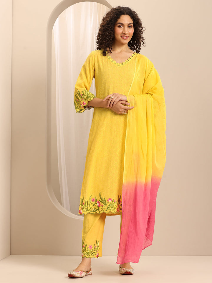 Yellow Embroidered Cotton Blend Straight Suit Set With Dupatta