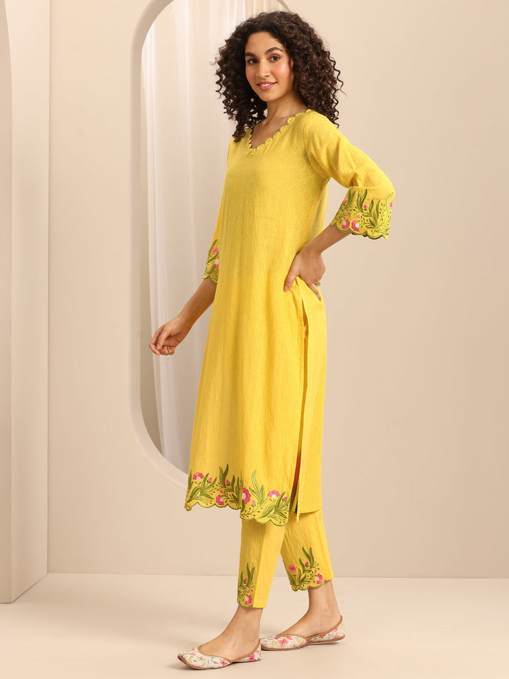 Yellow Embroidered Cotton Blend Straight Suit Set With Dupatta
