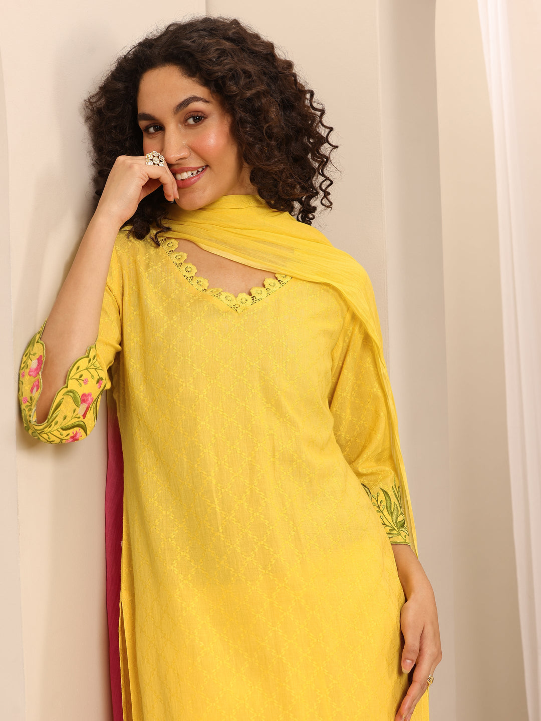 Yellow Embroidered Cotton Blend Straight Suit Set With Dupatta