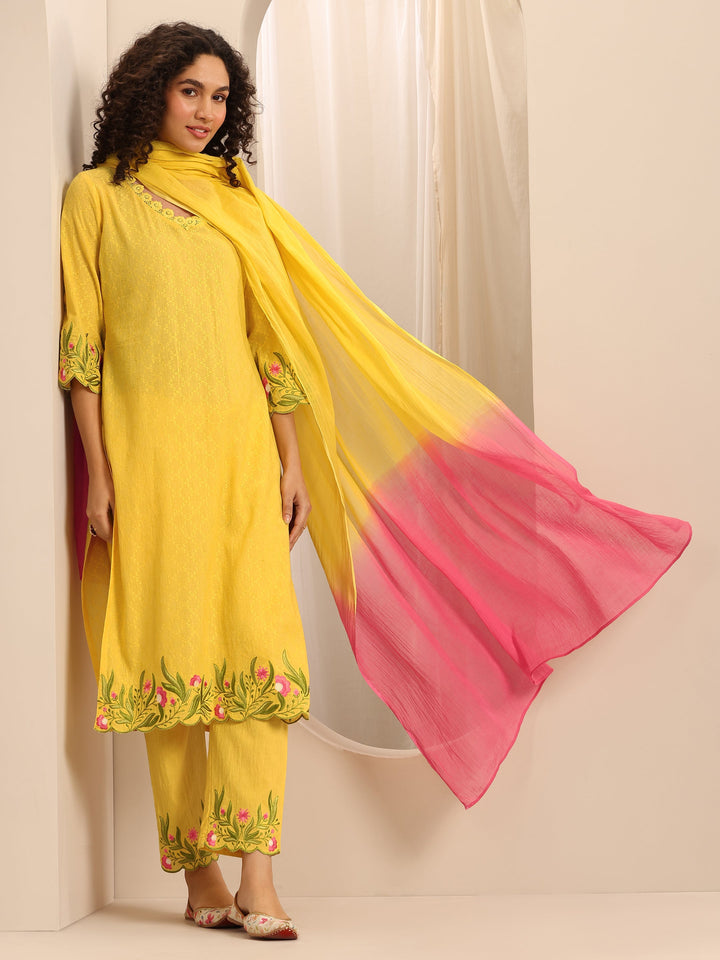 Yellow Embroidered Cotton Blend Straight Suit Set With Dupatta