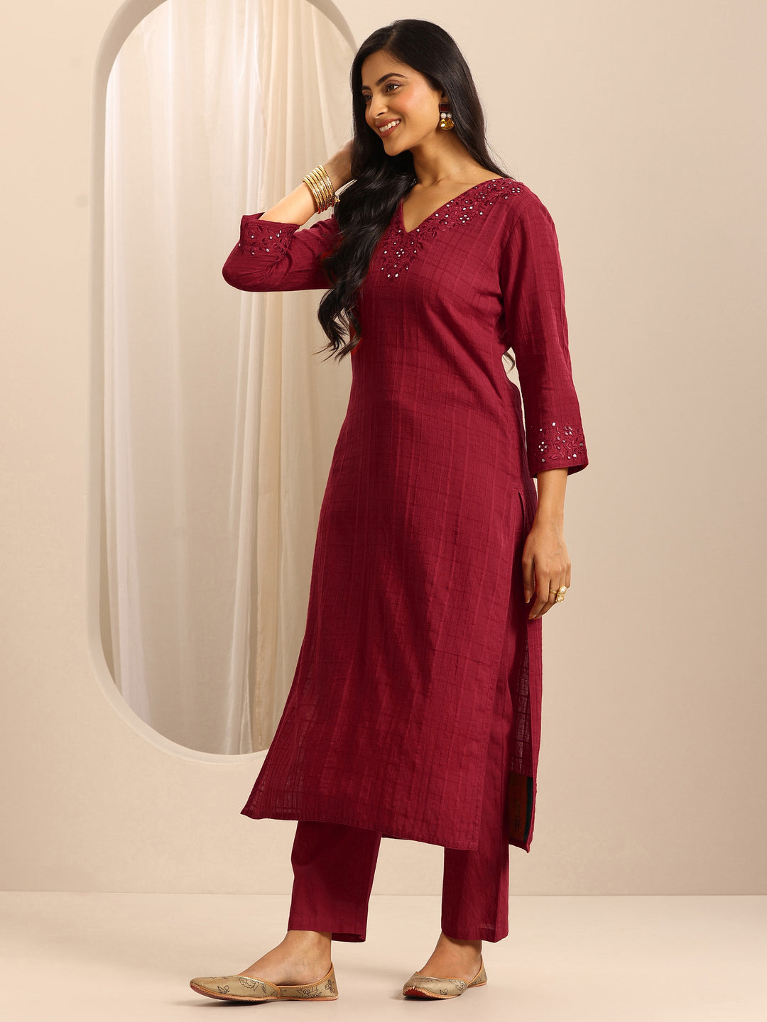 Red Woven Cotton Blend Straight Suit Set With Dupatta