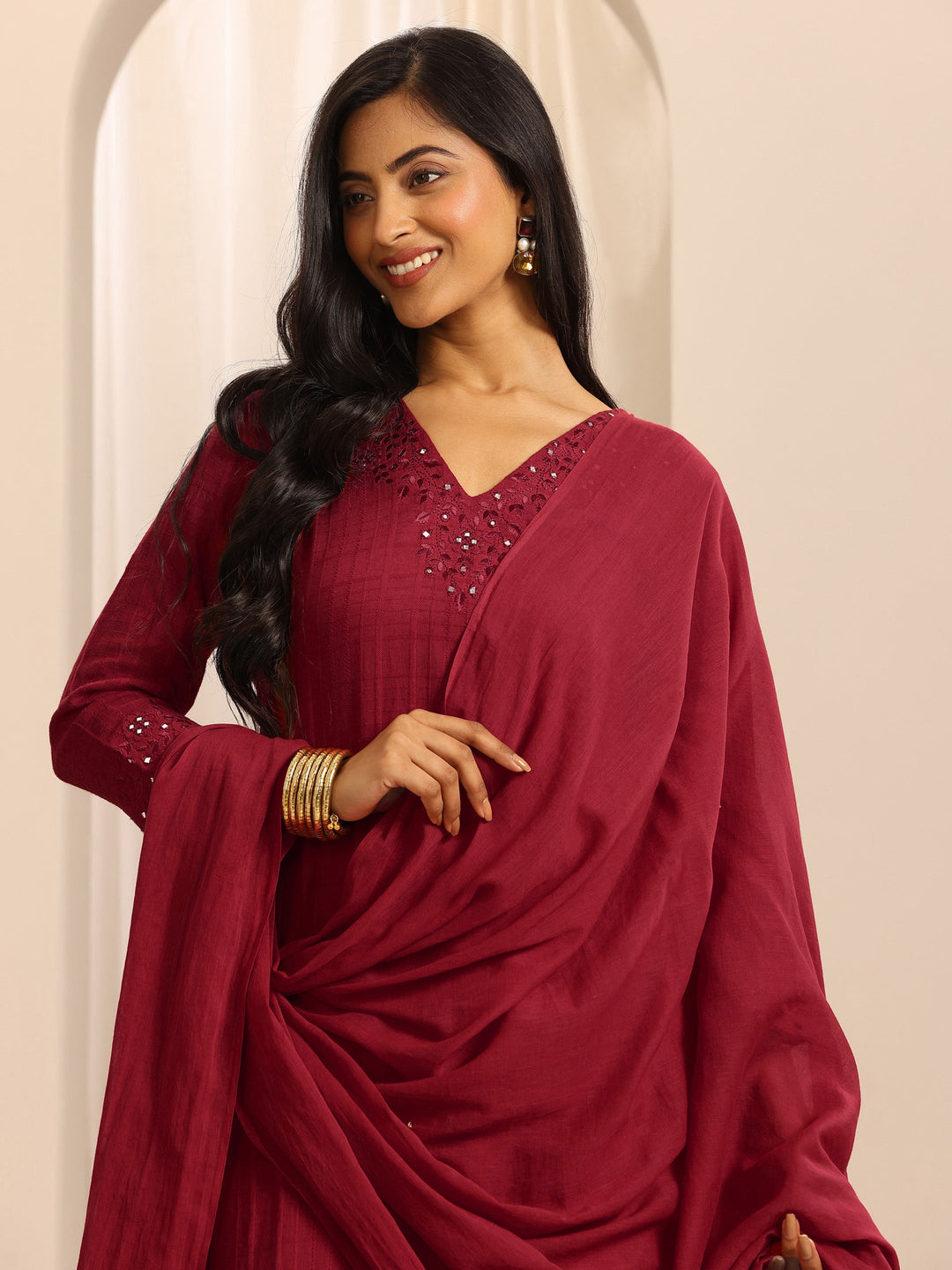 Red Woven Cotton Blend Straight Suit Set With Dupatta