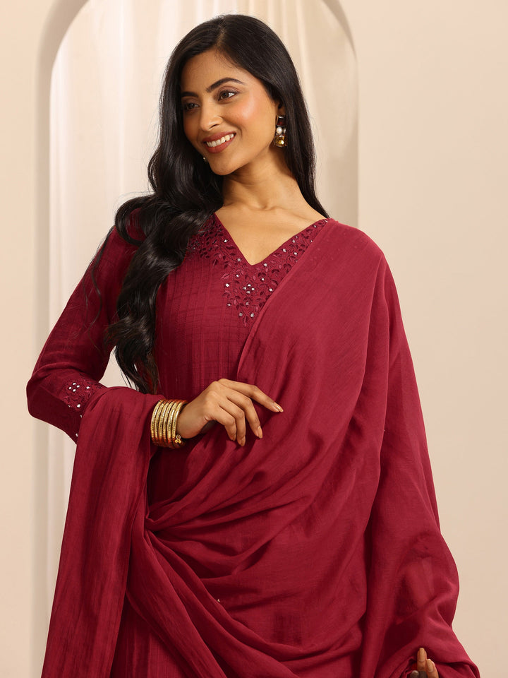 Red Woven Cotton Blend Straight Suit Set With Dupatta