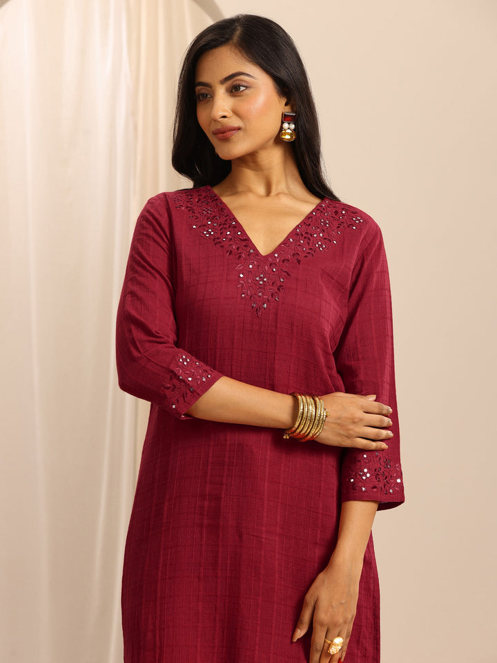 Red Woven Cotton Blend Straight Suit Set With Dupatta