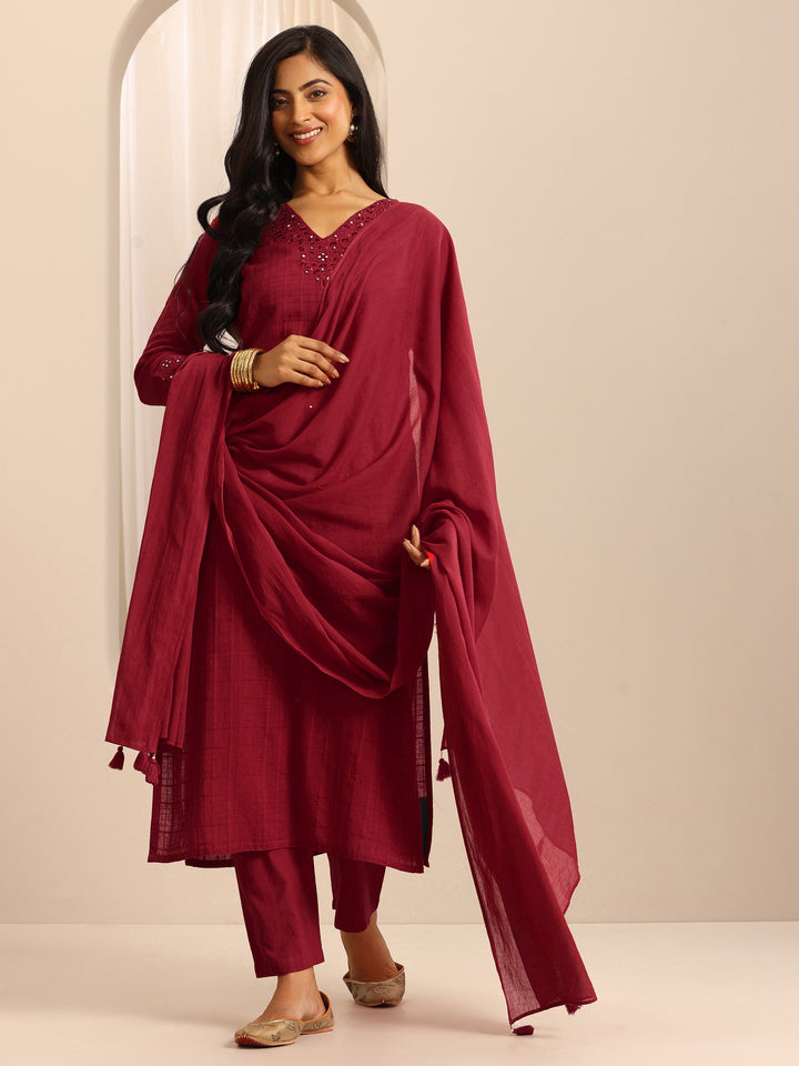 Red Woven Cotton Blend Straight Suit Set With Dupatta