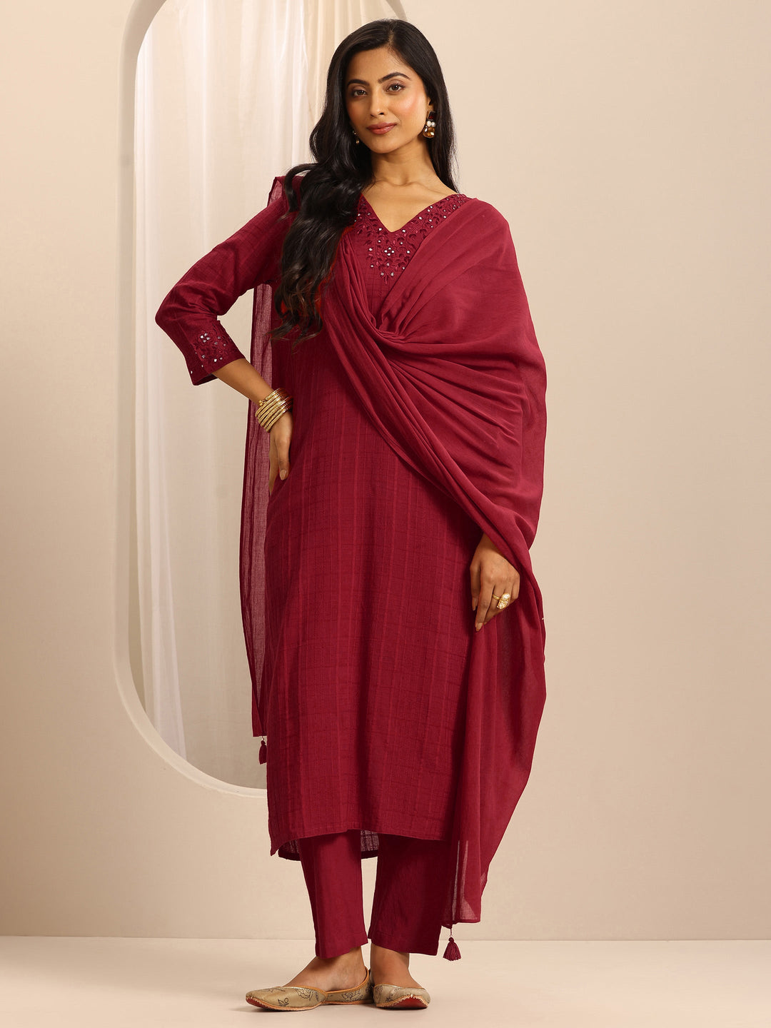 Red Woven Cotton Blend Straight Suit Set With Dupatta