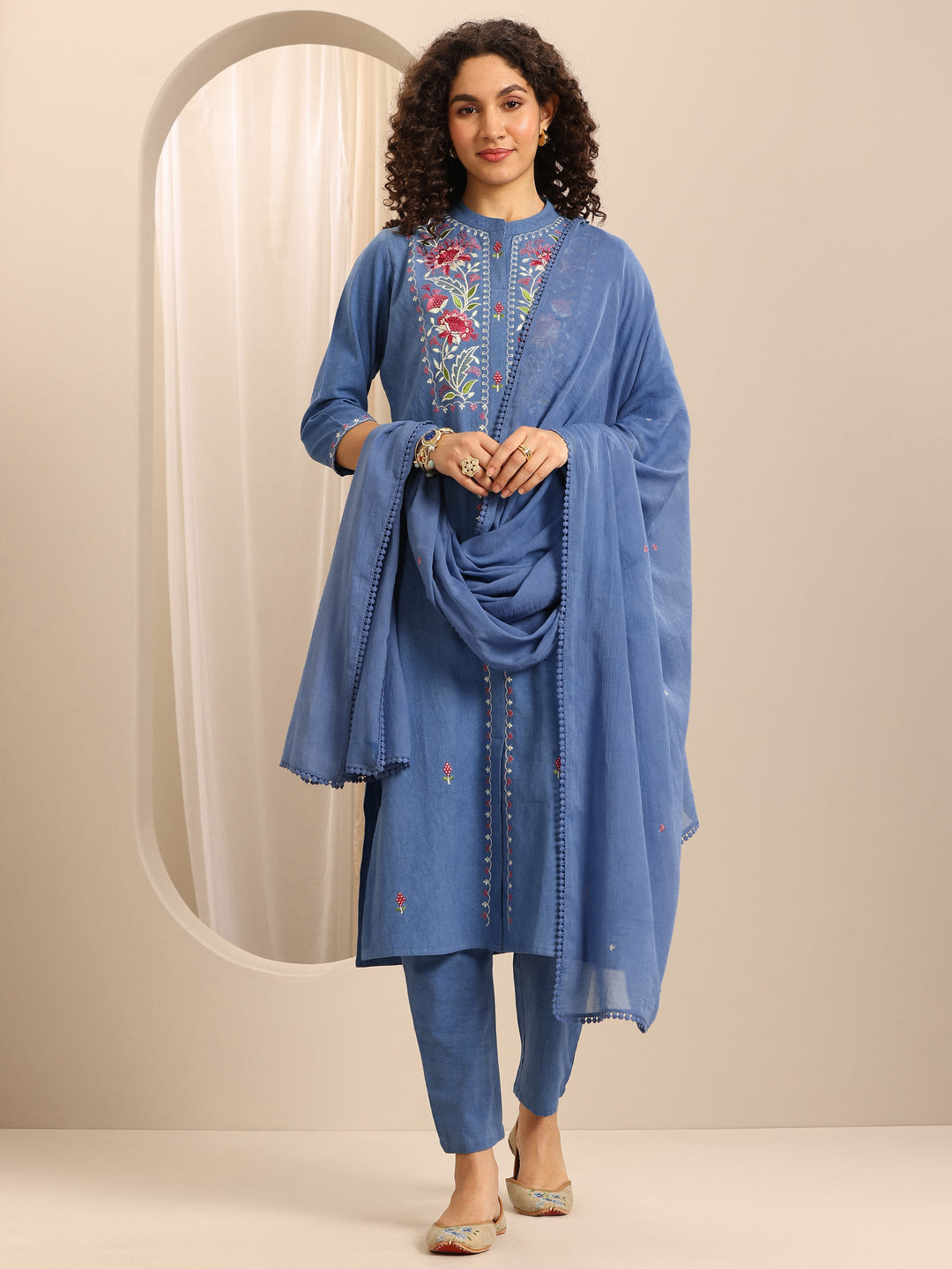 Blue Embroidered Cotton Blend Straight Suit Set With Dupatta