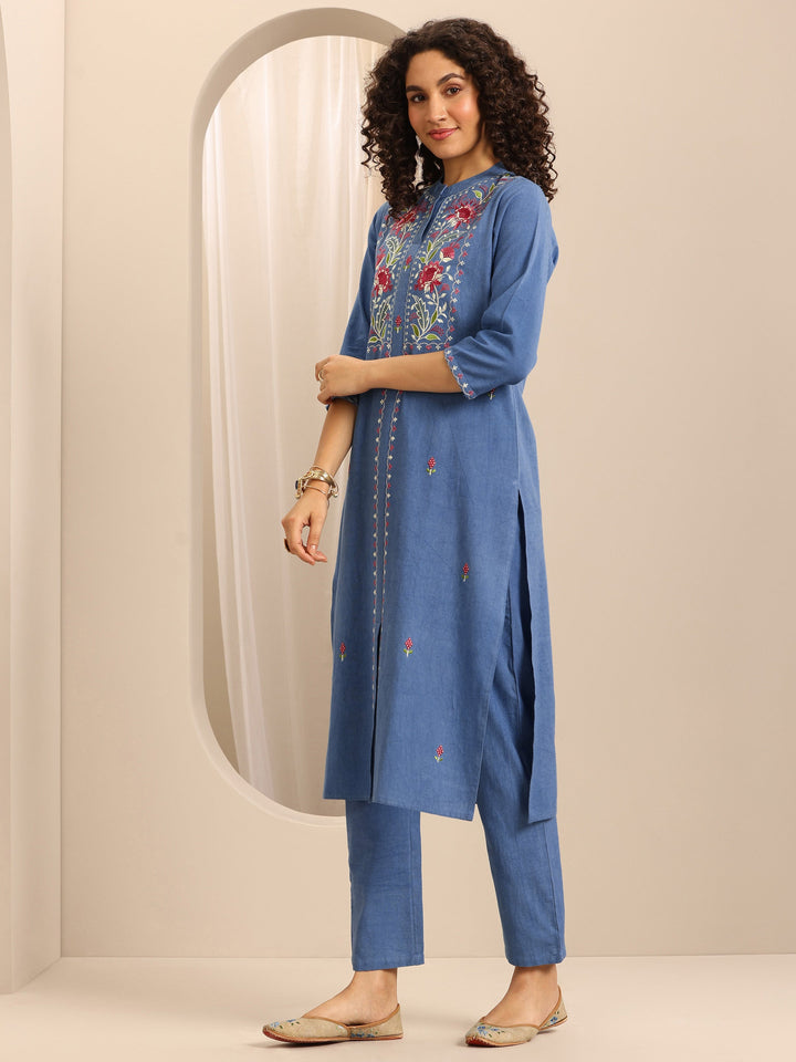 Blue Embroidered Cotton Blend Straight Suit Set With Dupatta