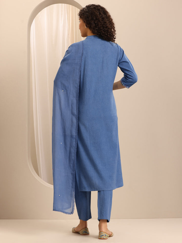 Blue Embroidered Cotton Blend Straight Suit Set With Dupatta