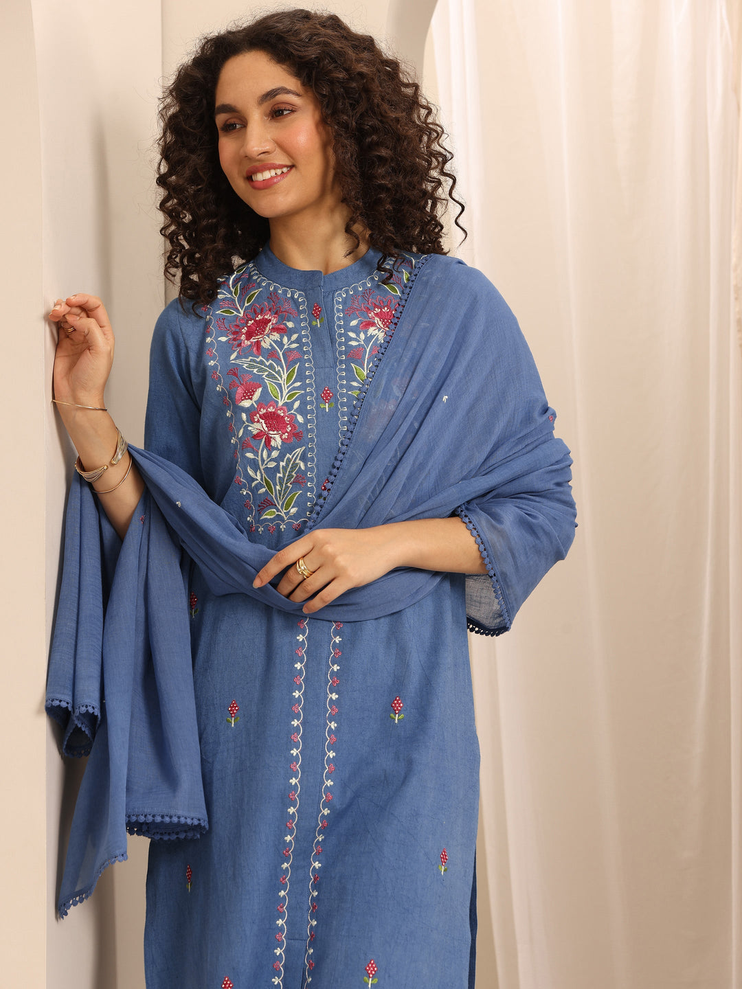 Blue Embroidered Cotton Blend Straight Suit Set With Dupatta