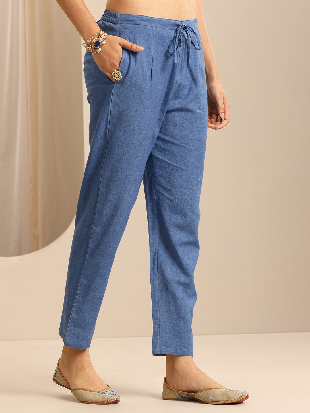 Blue Embroidered Cotton Blend Straight Suit Set With Dupatta