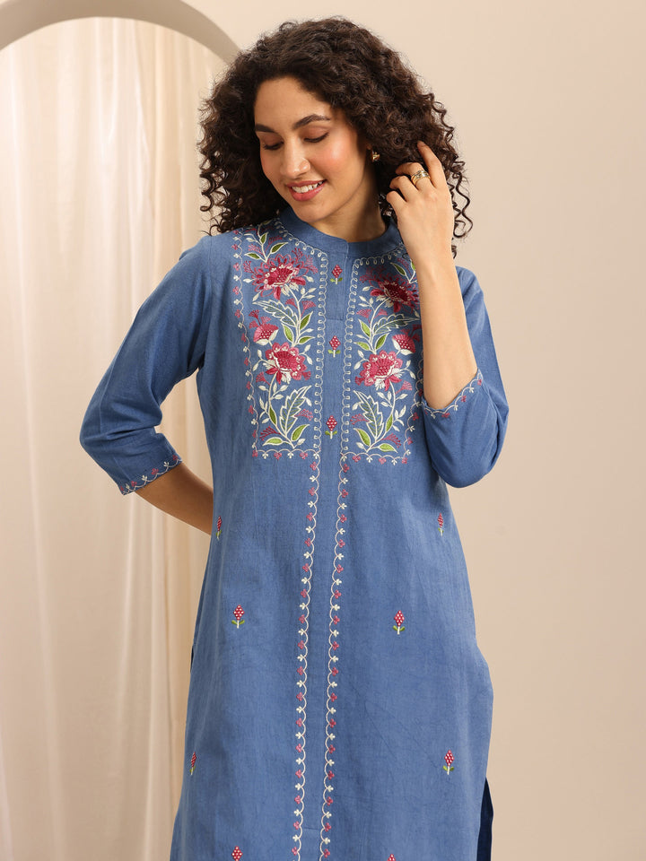 Blue Embroidered Cotton Blend Straight Suit Set With Dupatta