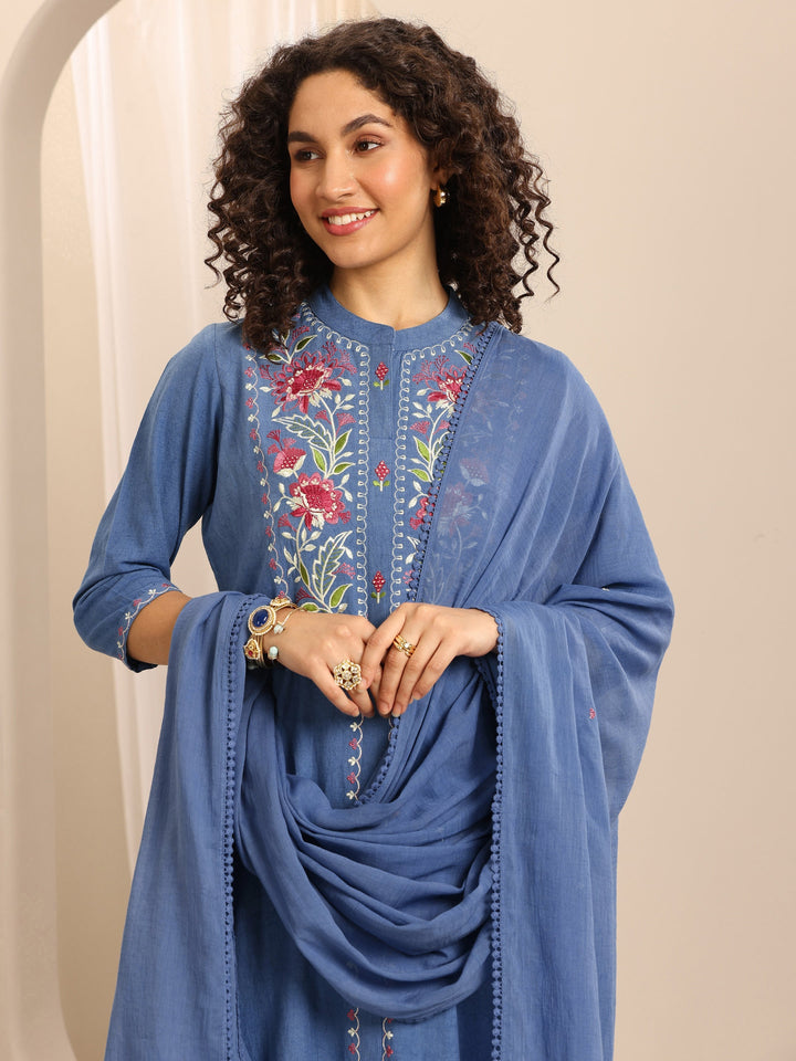 Blue Embroidered Cotton Blend Straight Suit Set With Dupatta