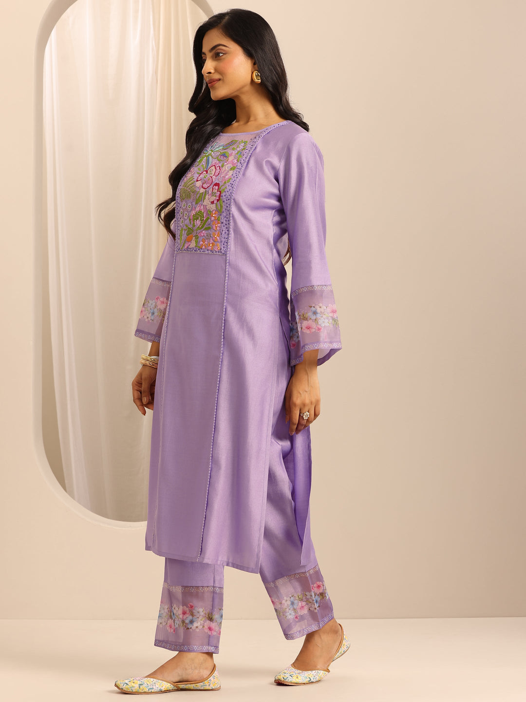 Purple Embroidered Silk Blend Straight Suit Set With Dupatta