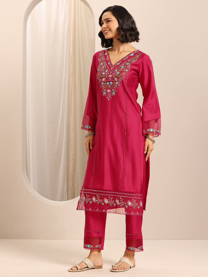 Red Embroidered Silk Blend Straight Suit Set With Dupatta