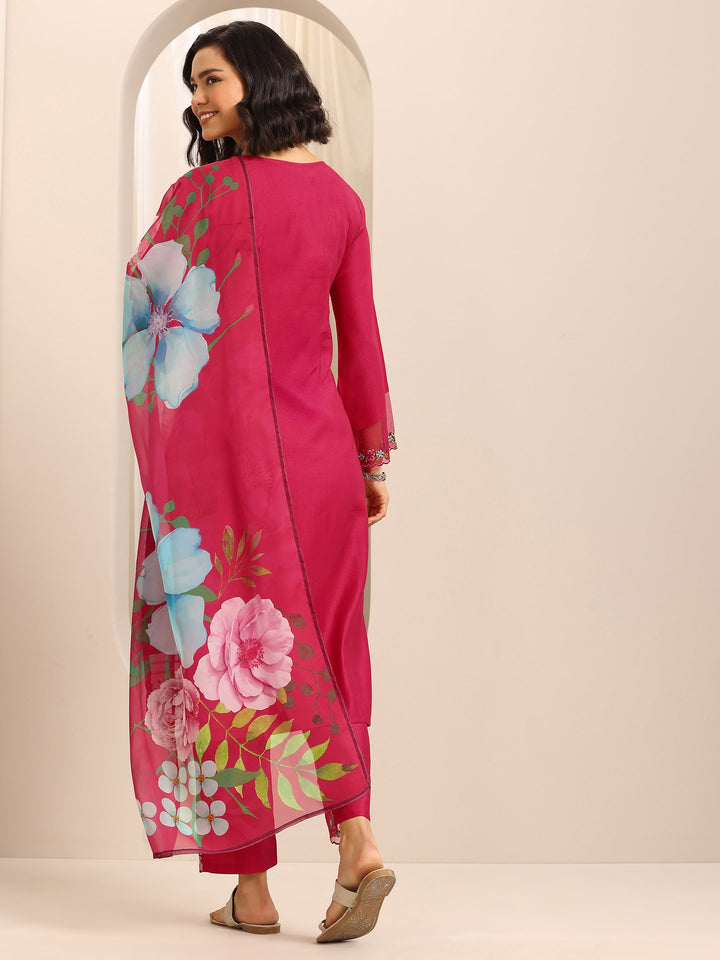 Red Embroidered Silk Blend Straight Suit Set With Dupatta