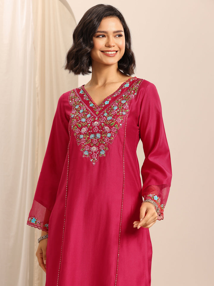 Red Embroidered Silk Blend Straight Suit Set With Dupatta