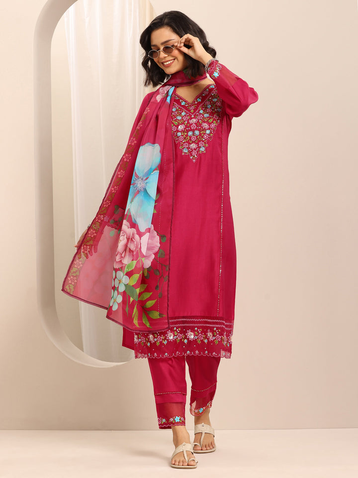 Red Embroidered Silk Blend Straight Suit Set With Dupatta
