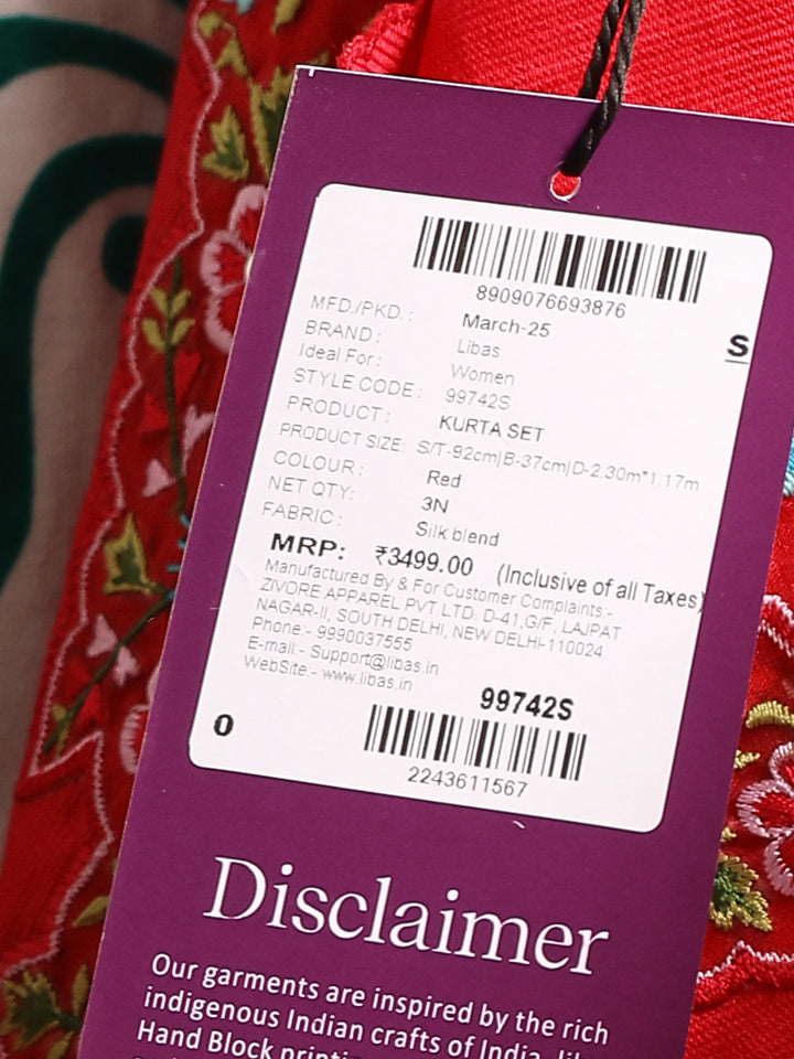 Red Embroidered Silk Blend Straight Suit Set With Dupatta