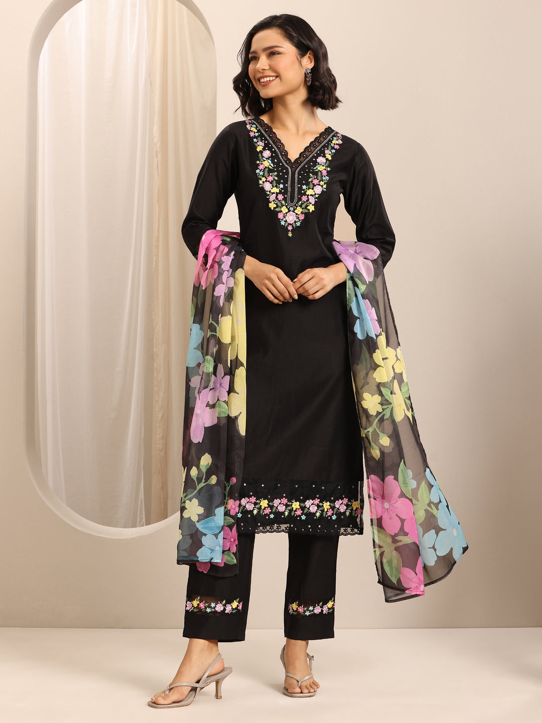Black Embroidered Silk Blend Straight Suit Set With Dupatta