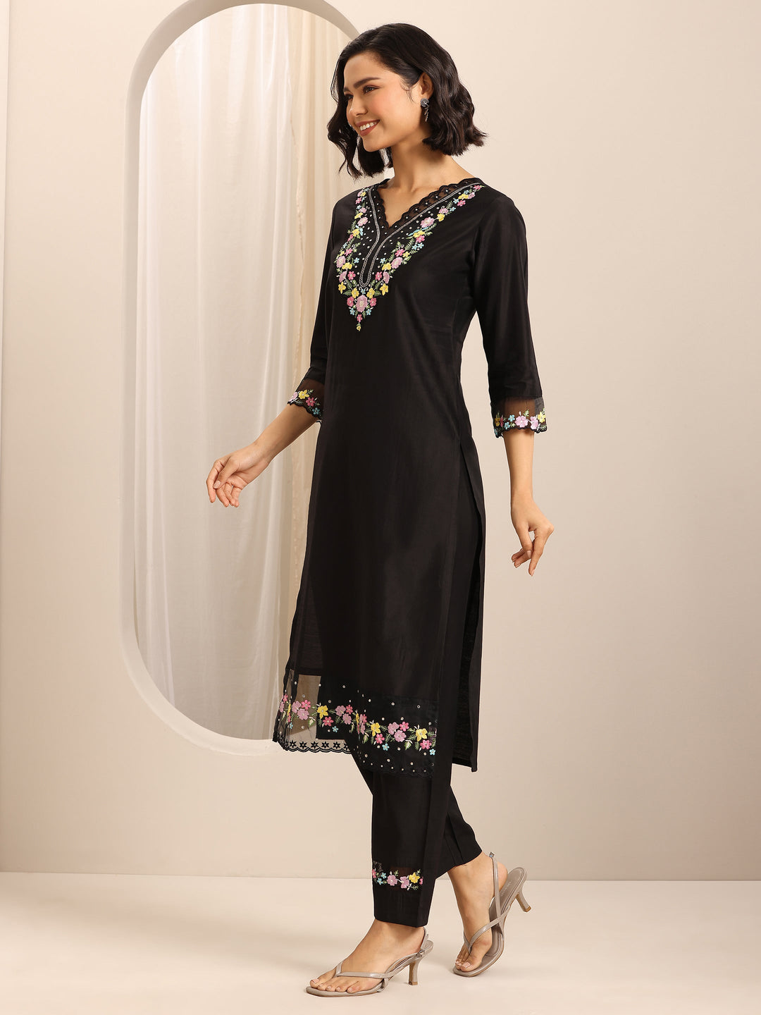 Black Embroidered Silk Blend Straight Suit Set With Dupatta