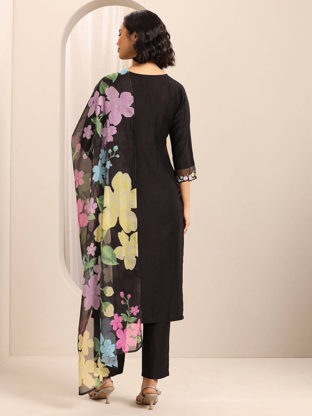 Black Embroidered Silk Blend Straight Suit Set With Dupatta