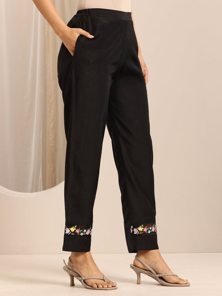 Black Embroidered Silk Blend Straight Suit Set With Dupatta