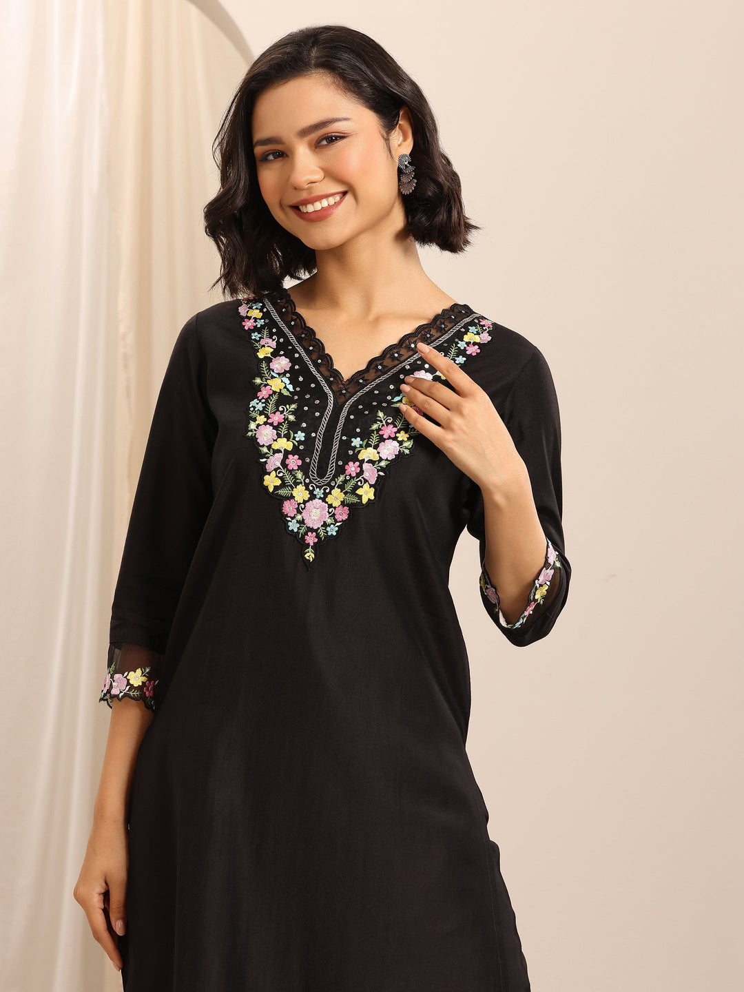 Black Embroidered Silk Blend Straight Suit Set With Dupatta
