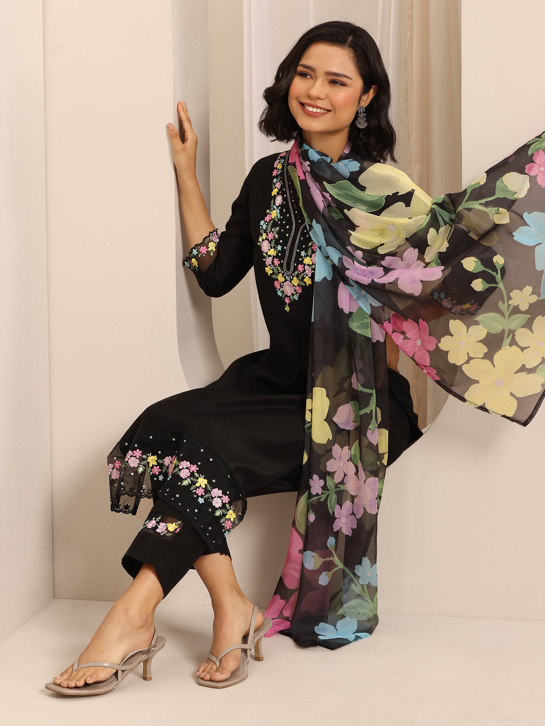 Black Embroidered Silk Blend Straight Suit Set With Dupatta
