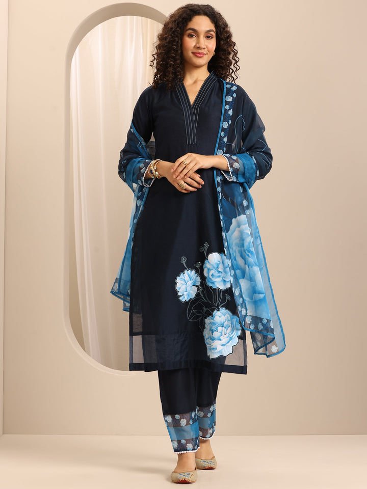Dark Blue Printed Silk Blend Straight Suit Set With Dupatta